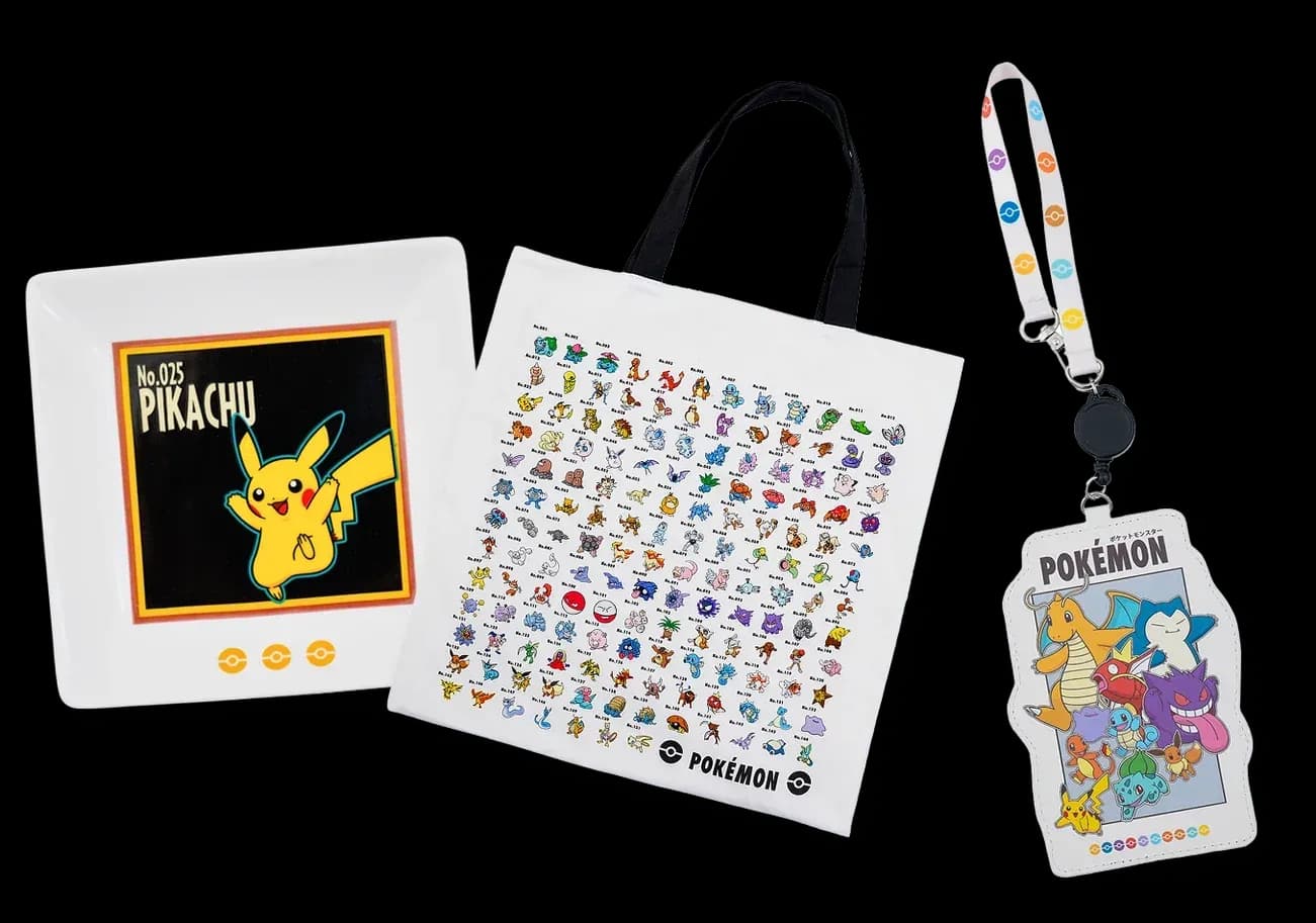 A small plate, a tote bag and a pass case from the Pokemon 30th anniversary range at 3COINS