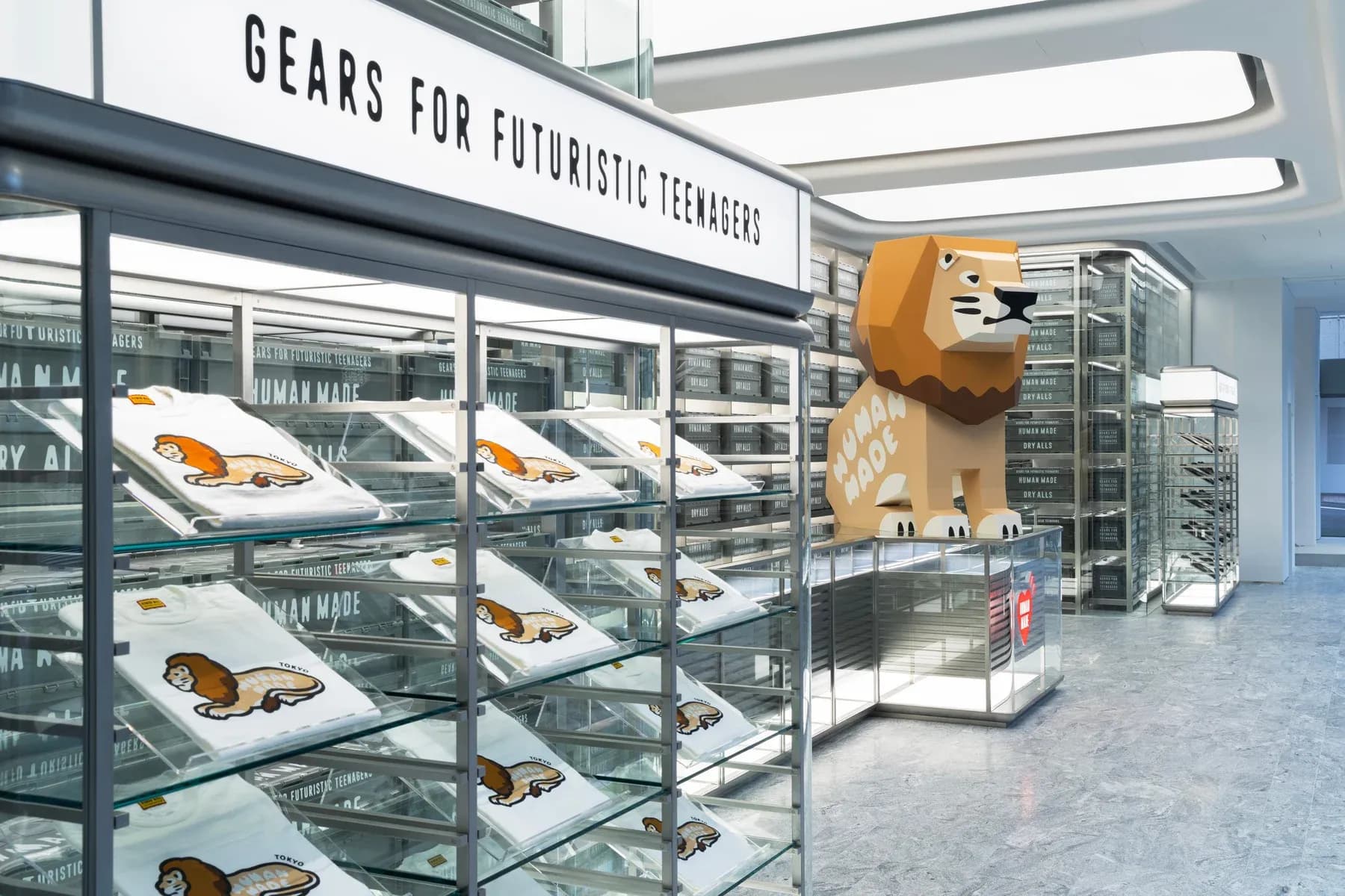 Inside HUMAN MADE TOKYO in Harajuku, with the store’s lion figure