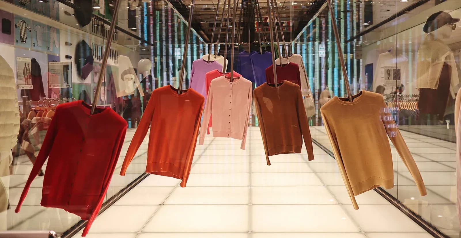 Knitwear hung in rows inside the 12-floor Uniqlo Ginza flagship on Chuo-dori